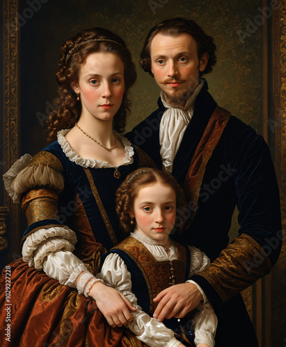 Renaissance-style portrait of a noble family in Victorian clothing, Generative AI	
