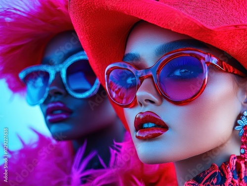 Two striking models adorn extravagant bright red hats paired with flamboyant eyewear, captured in vivid colors, expressing bold fashion statements and avant-garde style.