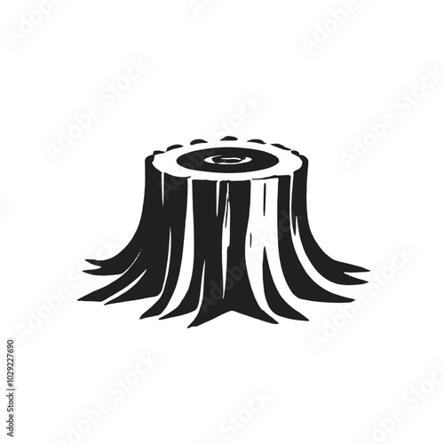 A black and white illustration of a tree stump with a distinct pattern on the surface 