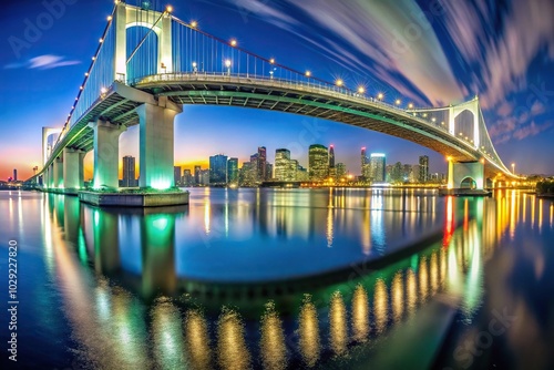 Fisheye view of rainbow bridge illuminated by white light at night in Tokyo