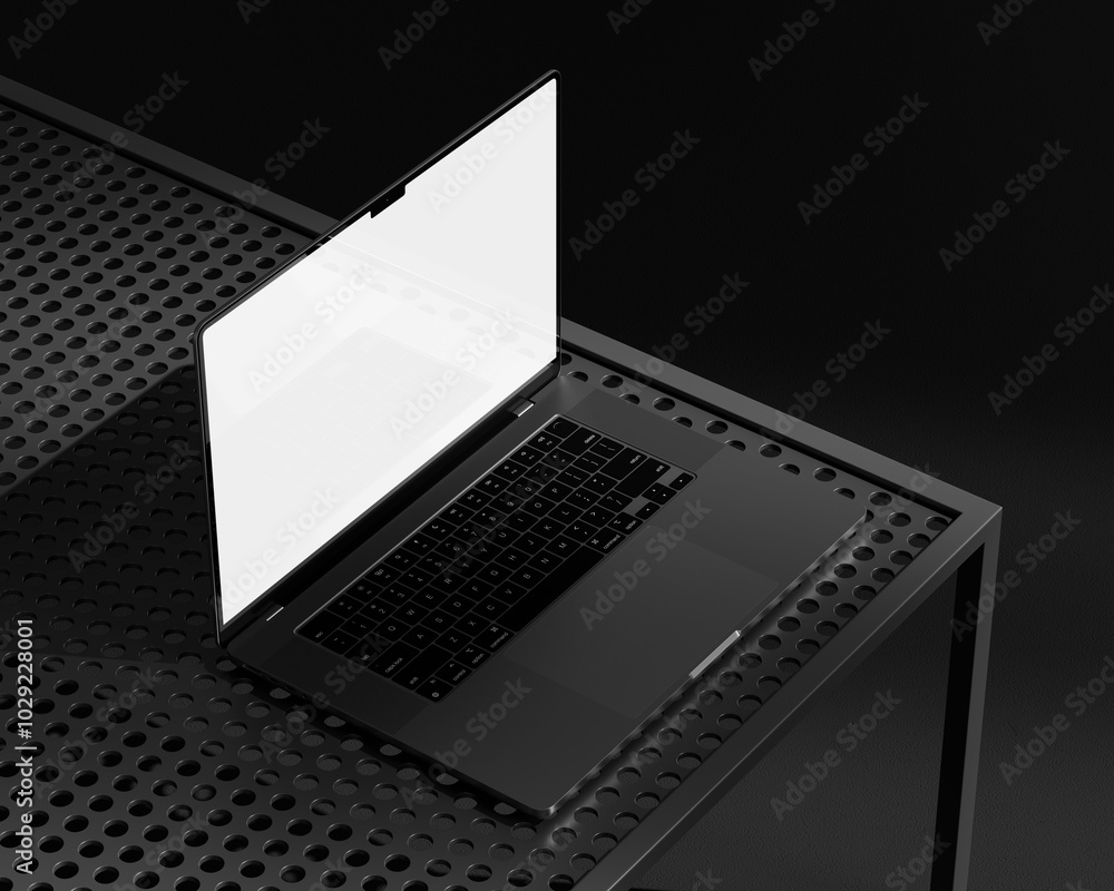 Laptop mockup on metal desk with dark background Laptop mockup on metal desk with dark background