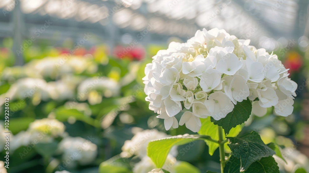 Close-up of a White Hydrangea Bloom in a Greenhouse Setting Close-up of a White Hydrangea Bloom in a Greenhouse Setting