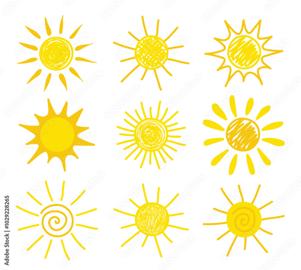 Hand drawn sun icon collection. Summer design. Vector illustration Hand drawn sun icon collection. Summer design. Vector illustration