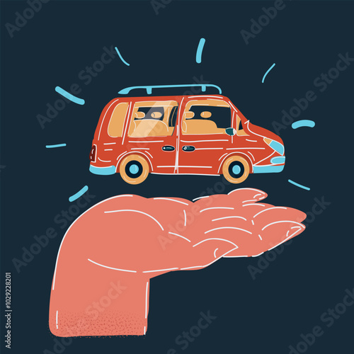 Cartoon vector illustration of human hand with auto key and red car on dark background