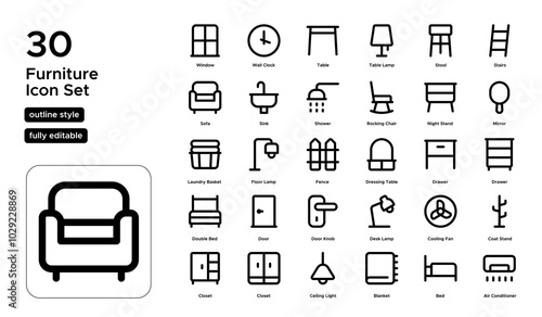 Furniture Line Icon Set: Home Decor, Living Room, Bedroom, and Office Furniture Icons