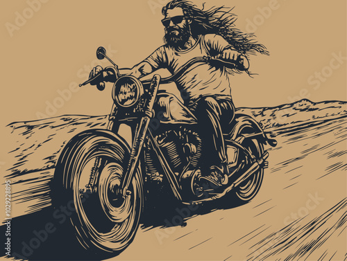 A dynamic vector illustration of a bearded man riding a motorcycle at high speed, depicted in an engraving style.	