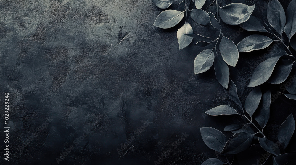 Dark textured background with green leaves creating a natural contrast in a minimalistic design atmosphere Dark textured background with green leaves creating a natural contrast in a minimalistic design atmosphere