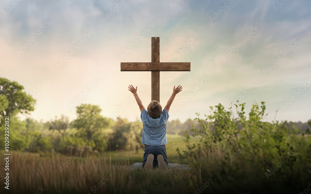 Praising the lord concept. Back view of a young boy with his arms ...