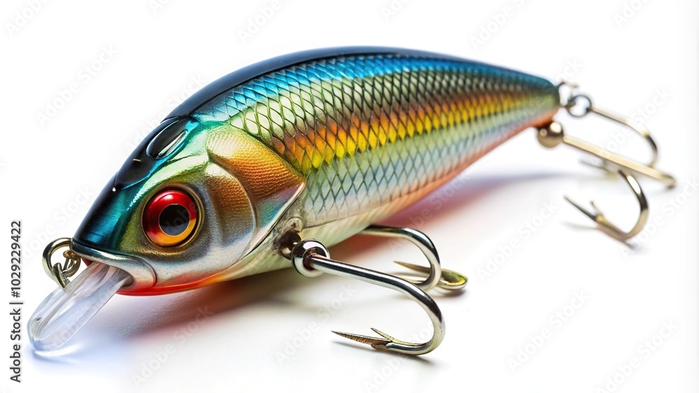 Fishing lure isolated on white, wobbler in three color, worm's eye view