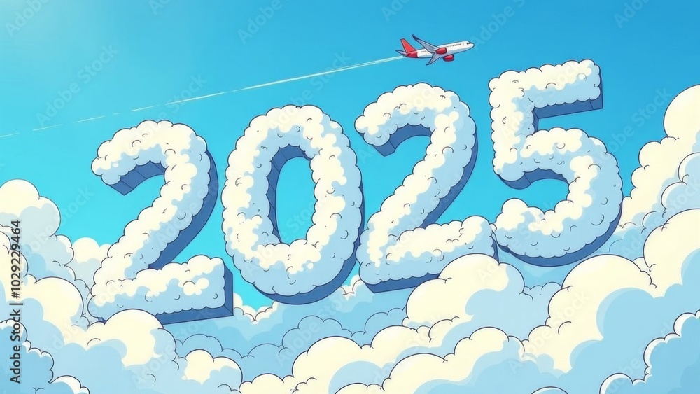 Happy New Year 2025, volumetric numbers of the year from white clouds on the blue sky and an airplane flying in the sky Happy New Year 2025, volumetric numbers of the year from white clouds on the blue sky and an airplane flying in the sky