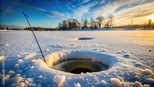 Fishing hole for winter fishing in the afternoon, viewed from a tilted angle photo