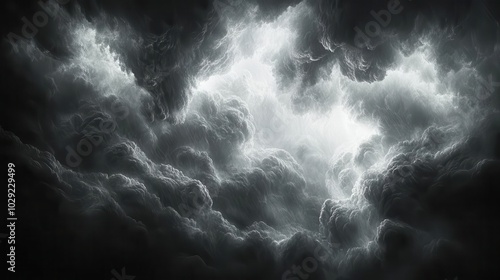 black storm clouds swirling ominously against a stark white background creating a dramatic contrast evoking a sense of foreboding and tension symbolizing chaos and unpredictability in nature