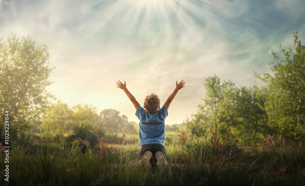 Praising the lord concept. Back view of a young boy with his arms raised to the sky in thankfulness and prayer. Themes such as Exaltation, Trinity, Adoration, Sanctuary, Compassion, Purity Praising the lord concept. Back view of a young boy with his arms raised to the sky in thankfulness and prayer. Themes such as Exaltation, Trinity, Adoration, Sanctuary, Compassion, Purity