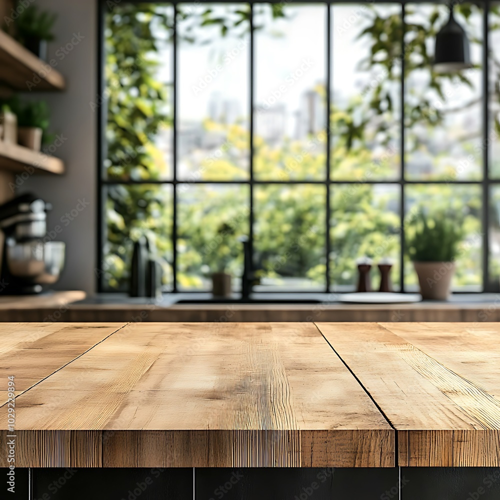 A wooden countertop in a bright kitchen with large windows and greenery outside. A wooden countertop in a bright kitchen with large windows and greenery outside.