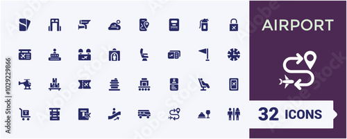 Set of solid Airport icons. Related to filled icon like Plane, Ticket, Seat, Bag, Departure, Terminal, Passport and more sign. Editable and Pixel perfect solid symbol pack.