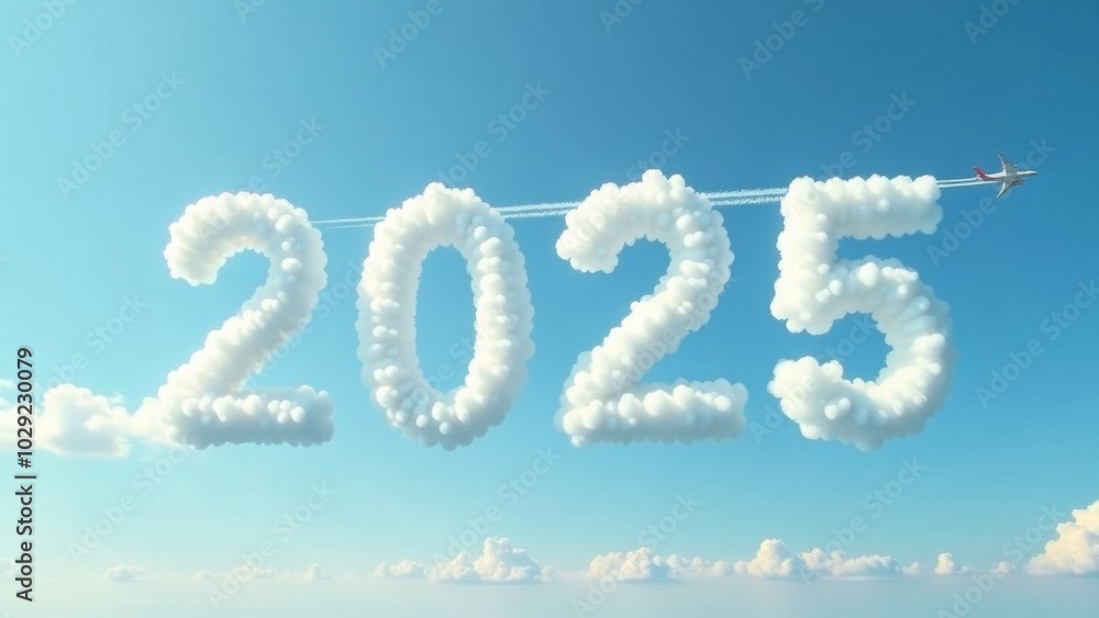 Happy New Year 2025, volumetric numbers of the year from white clouds on the blue sky and an airplane flying in the sky Happy New Year 2025, volumetric numbers of the year from white clouds on the blue sky and an airplane flying in the sky