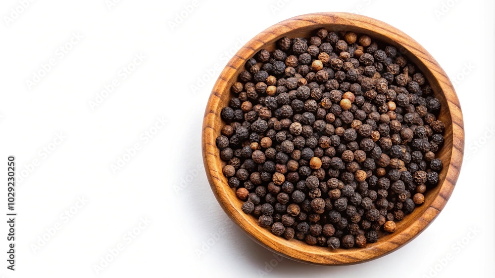 Flat lay of black peppercorns in a wooden bowl on a white background Flat lay of black peppercorns in a wooden bowl on a white background