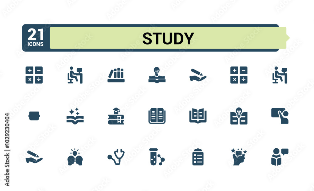 Study solid Icons Pack. Featuring education, reading, exams, knowledge ...