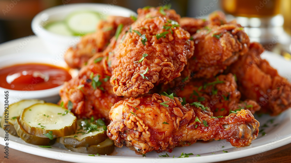 A plate of crispy fried chicken, seasoned to perfection with a golden-brown crust, served alongside pickles and a small dish of spicy dipping sauce. A plate of crispy fried chicken, seasoned to perfection with a golden-brown crust, served alongside pickles and a small dish of spicy dipping sauce.