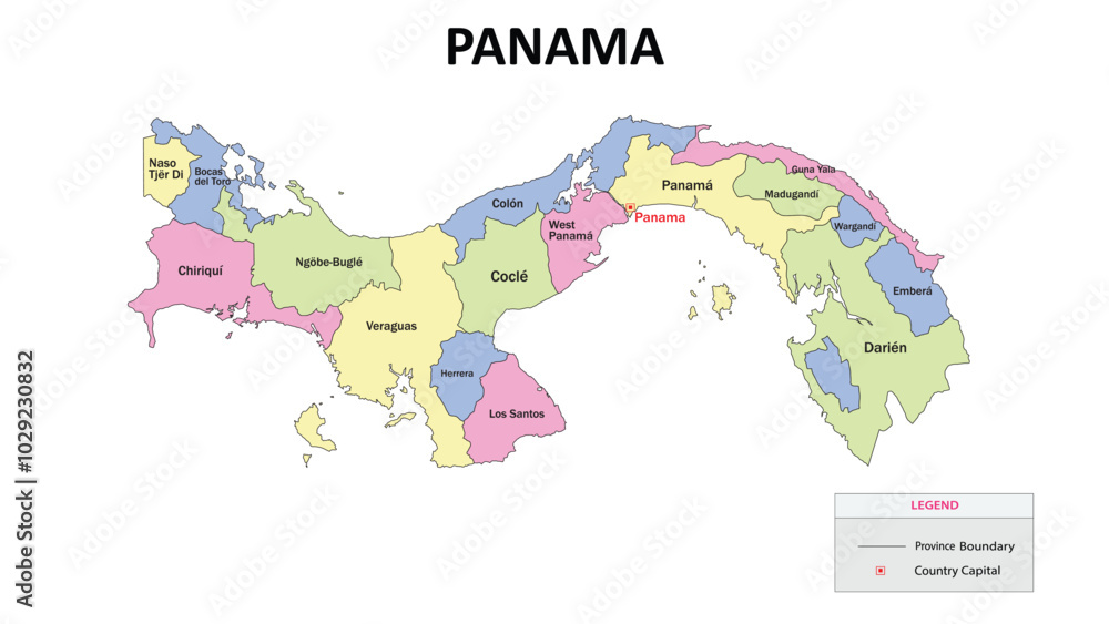 Fototapeta premium Panama Map. State map of Panama. State map of Panama in colour with capital.