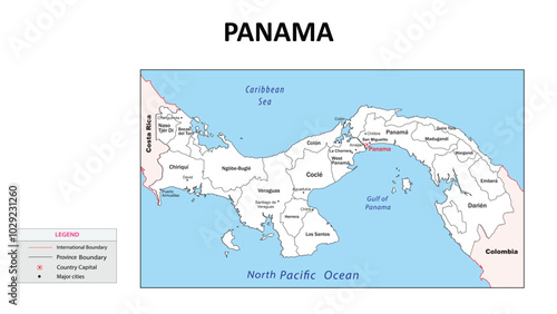 Panama Map. State map of Panama. Administrative map of Panama with state and capital in white color.