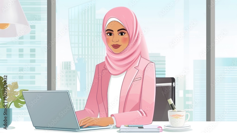 A Young Woman in a Pink Hijab Working on a Laptop in an Office A Young Woman in a Pink Hijab Working on a Laptop in an Office
