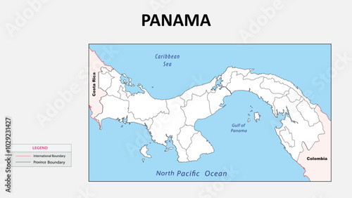 Panama Map. Political map of Panama with state border in outline. Political map of Panama with outline and neighbouring countries.