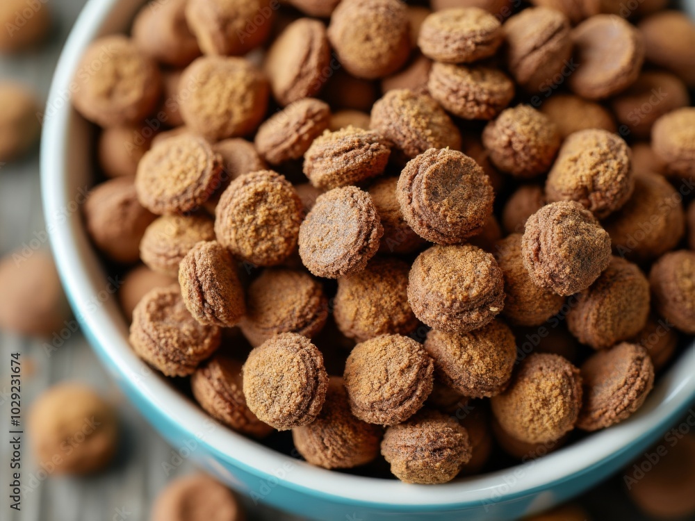 Round brown dry pet food pellets in a blue bowl, high-quality dog or cat kibble made with healthy and natural ingredients Round brown dry pet food pellets in a blue bowl, high-quality dog or cat kibble made with healthy and natural ingredients