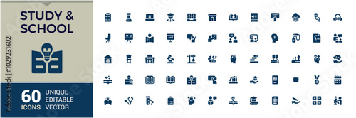 Study and school Icons Collection. Related to education, research, learning, students, and exams. Flat vector illustrations. Filled icon for web and ui. Editable and pixel perfect symbol pack.