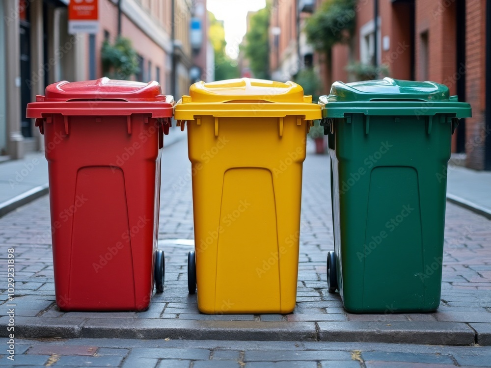 Red, yellow, and green recycling bins lined up on a brick street in an urban setting, promoting waste management and environmental responsibility Red, yellow, and green recycling bins lined up on a brick street in an urban setting, promoting waste management and environmental responsibility