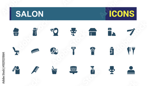 Set of solid icons like salon. Related to Beauty care, haircut, treatment, piercings, spa and more. Filled style icon collection. Editable and pixel perfect icons pack.