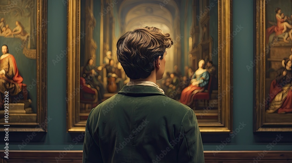 A person stands in an art gallery, A person stands in an art gallery,