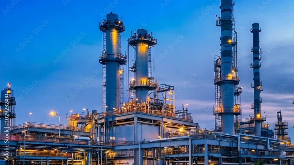 Oil Refinery Plant at Twilight: Industrial Landscape With Petrochemical Factory, Energy, and Fuel Business Concept Oil Refinery Plant at Twilight: Industrial Landscape With Petrochemical Factory, Energy, and Fuel Business Concept