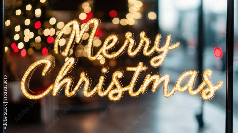Merry Christmas Reflected in Window with Bokeh Lights Merry Christmas Reflected in Window with Bokeh Lights