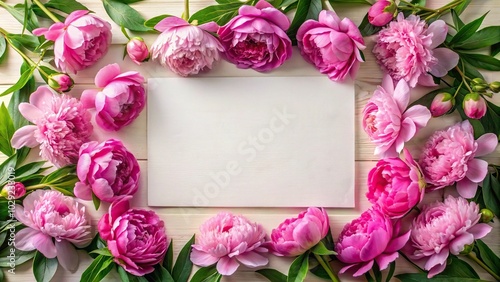 Floral frame with pink peonies and leaves surrounding blank paper