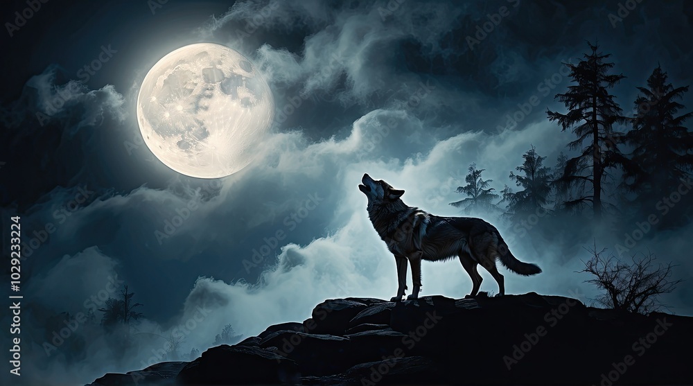A silhouetted wolf howling against a large, A silhouetted wolf howling against a large,