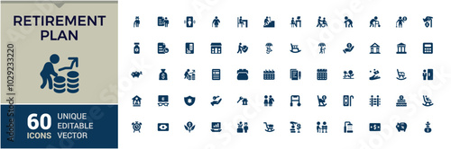 Retirement Plan solid icons set. Related to Savings, Time Management, Assets, Accounting, Property, Insurance and more. Editable filled icons collection. pixel perfect.