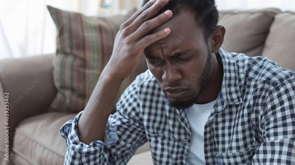 A young man sits on a couch with his hand on his forehead, looking pained. He's experiencing a headache or migraine. A young man sits on a couch with his hand on his forehead, looking pained. He's experiencing a headache or migraine.