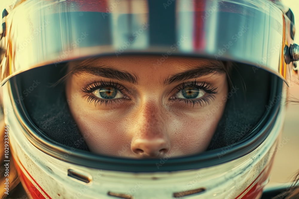 Jpeg of Focused Female Race Driver in Helmet: Intense Determination, Speed, and Ready for Victory Jpeg of Focused Female Race Driver in Helmet: Intense Determination, Speed, and Ready for Victory