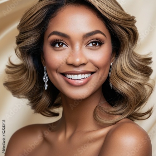 Young happy mulatto woman with light brown hair and wide smile