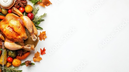 Classic roast chicken with crispy skin, served with roasted vegetables and gravy photo