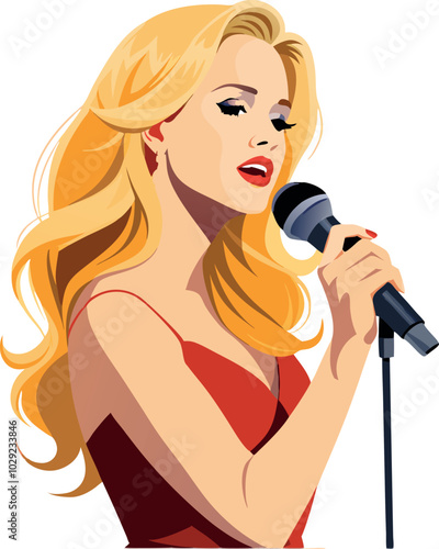 Beautiful blonde singer is performing with a microphone on a stage