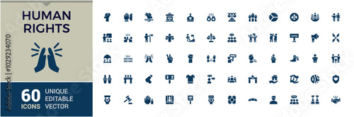 Set of solid human rights Icons. Simple filled style icon pack. Related to freedom, Human solidarity and more. Editable and pixel perfect. glyph icon collection.