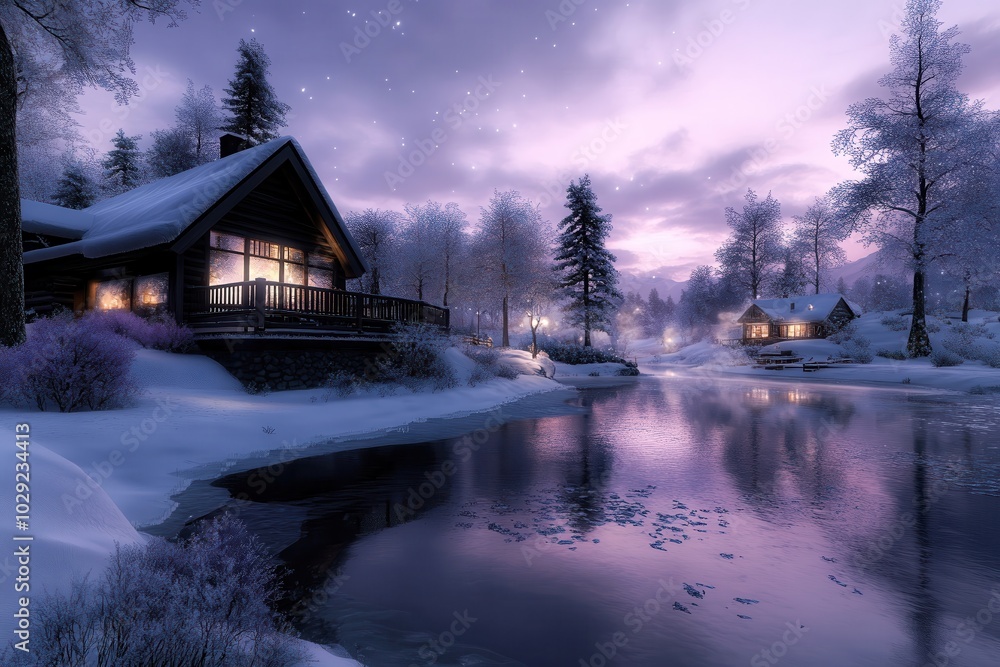 Fototapeta premium serene winter evening by the river with cozy cabin lights reflecting on the icy water, surrounded by snow-covered trees, purple skies, and a peaceful, tranquil atmosphere in a snowy wonderland