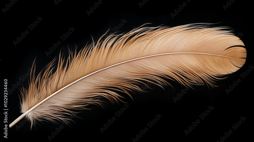 Golden feather on black background, realistic close-up Golden feather on black background, realistic close-up