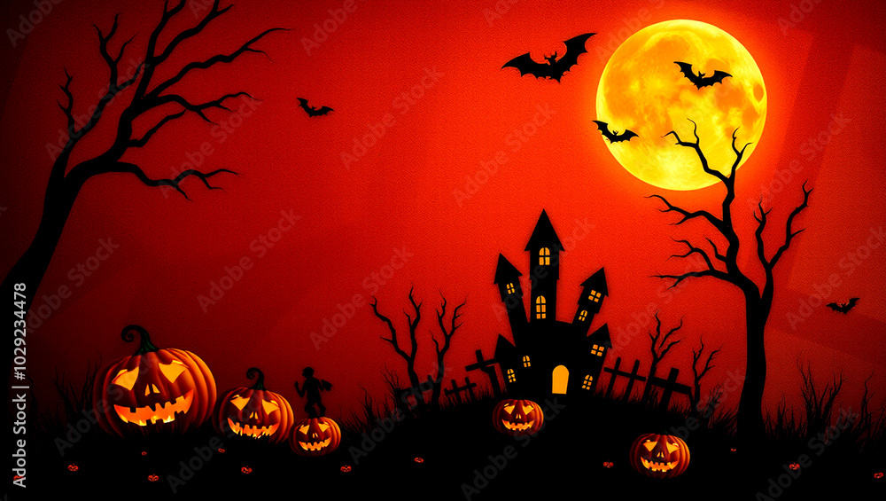 Spooky Halloween Background with Haunted House and Full Moon Spooky Halloween Background with Haunted House and Full Moon