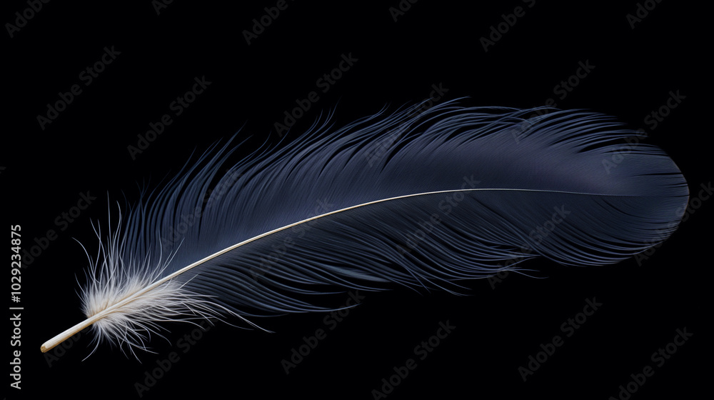Navy blue feather on black background, elegant and detailed Navy blue feather on black background, elegant and detailed