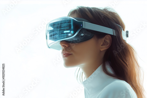 A woman wearing an AR headset on white background photo