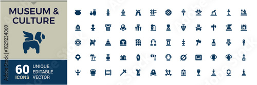 Set of solid icons like museum and culture. Collection of history, culture, pen, construction and more. Filled icons cack. Editable and pixel perfect symbol bundel. Vector illustration.