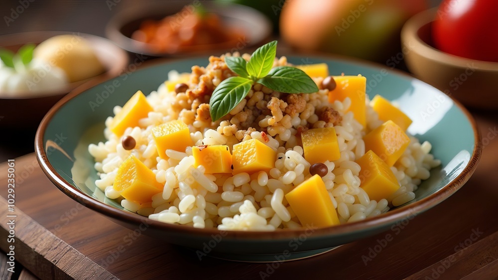 Stir fried rice with mango, lime, peas, and chili peppers Stir fried rice with mango, lime, peas, and chili peppers